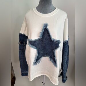 Denim Star Patch Sweatshirt With Jean Sleeves Boutique Style
